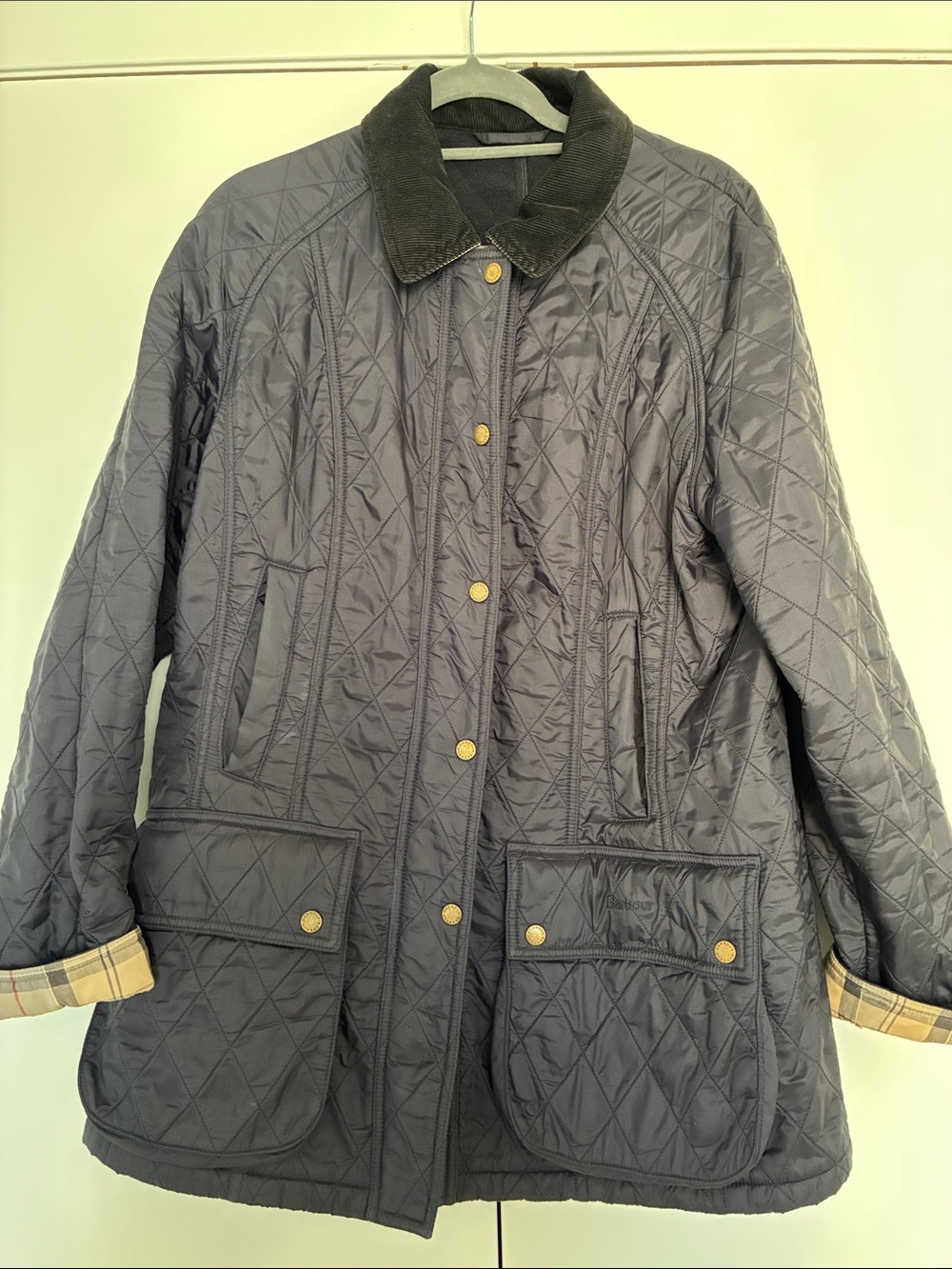 Barbour Navy Quilted Puffer Jacket with Dark Corduroy Collar
